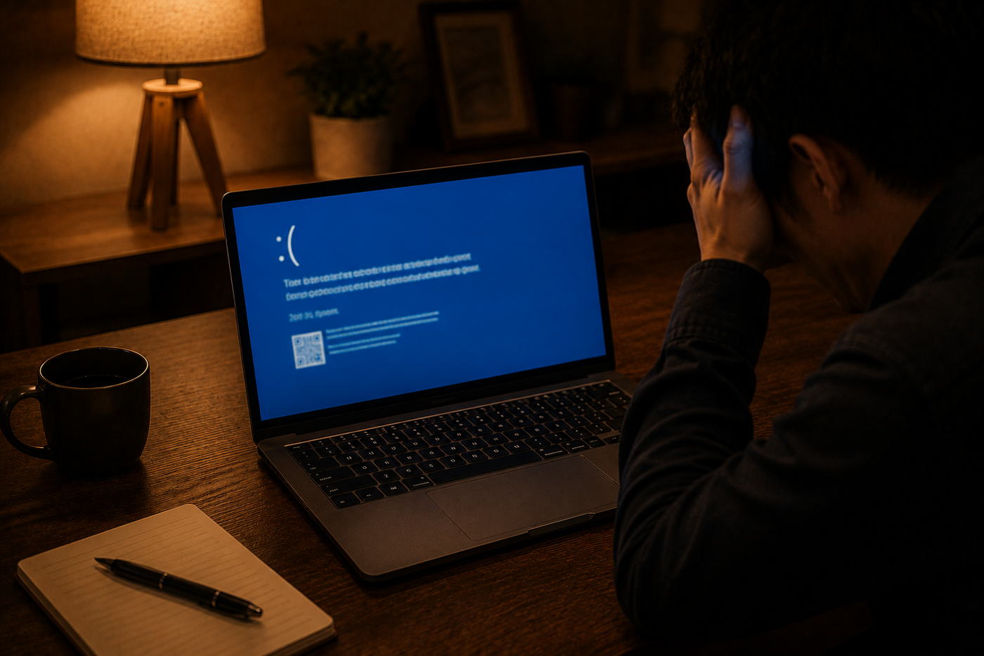 青い画面に英語のメッセージが表示されたパソコン。よくあるトラブルの見え方