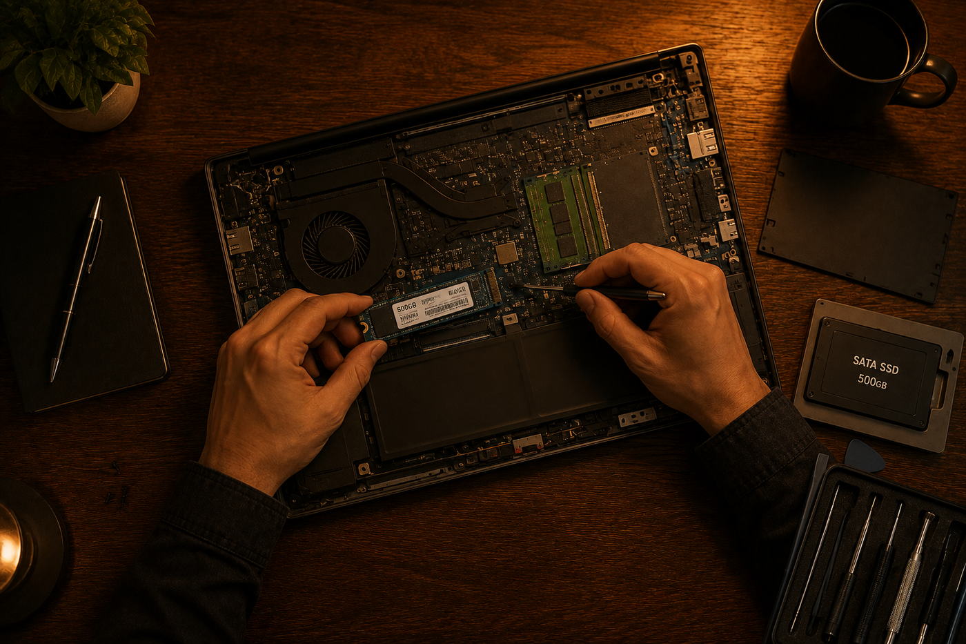 パソコン内部を開けてSSDを交換し、点検しているところ