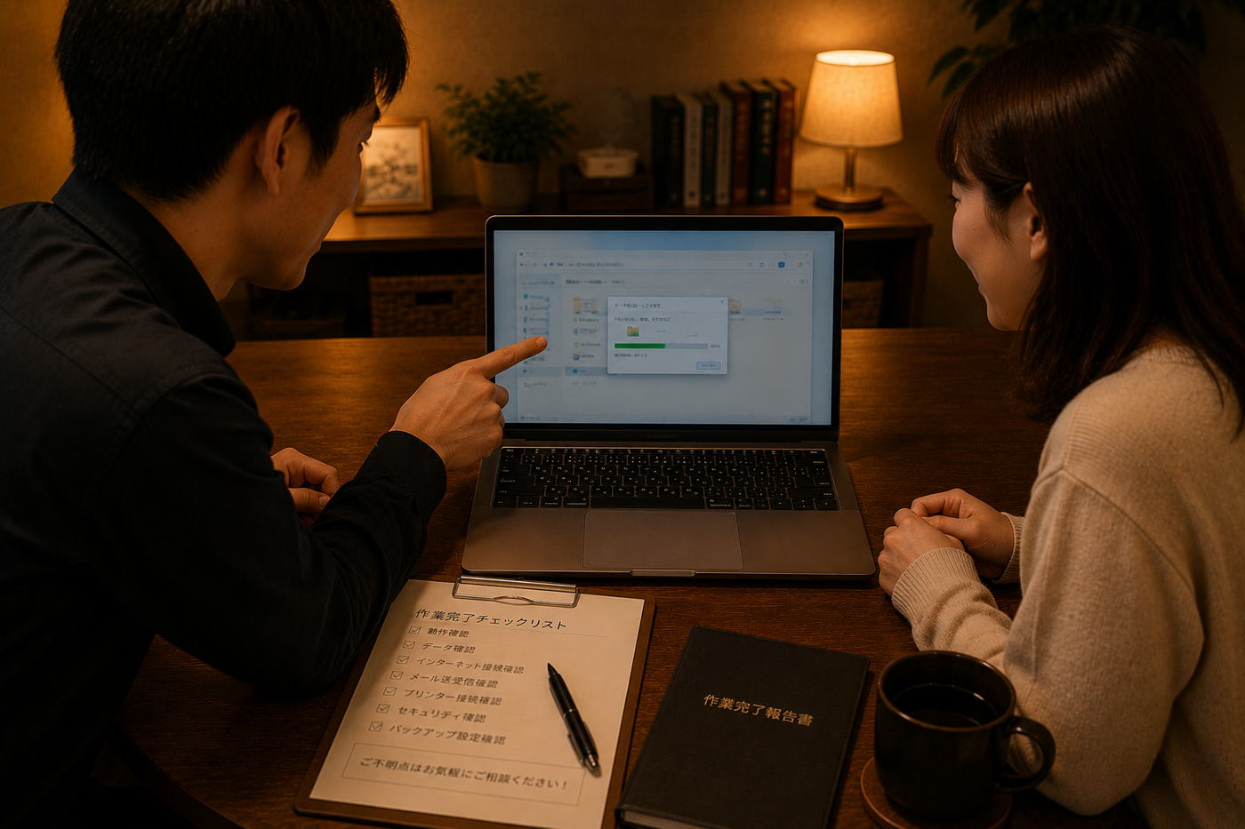 作業完了後に、直った状態をお客様と一緒に確認しているところ