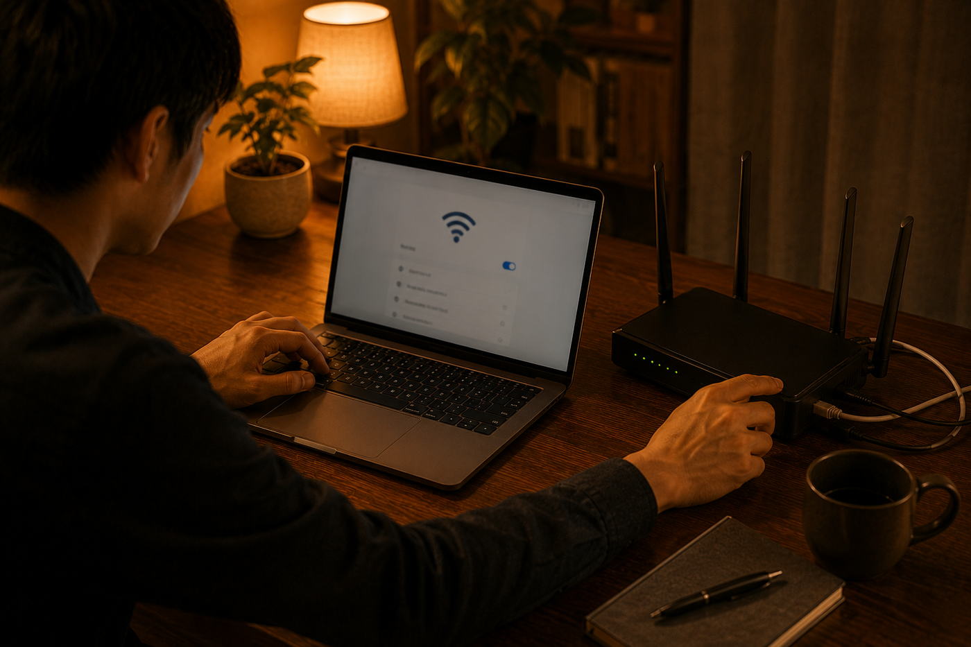 Wi-Fiルーターとパソコンの接続設定をしているところ