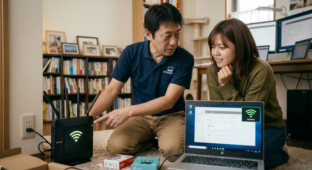こんな症状ありませんか?
Wi-Fiのマークにびっくりマーク(!)が出てネットに繋がらない
ホームページを開こうとすると「接続されていません」と出る
オンライン会議(Zoomなど)の途中で頻繁に回線が切れる
ルーターを新しく交換したのに、部屋の奥まで電波が届かない