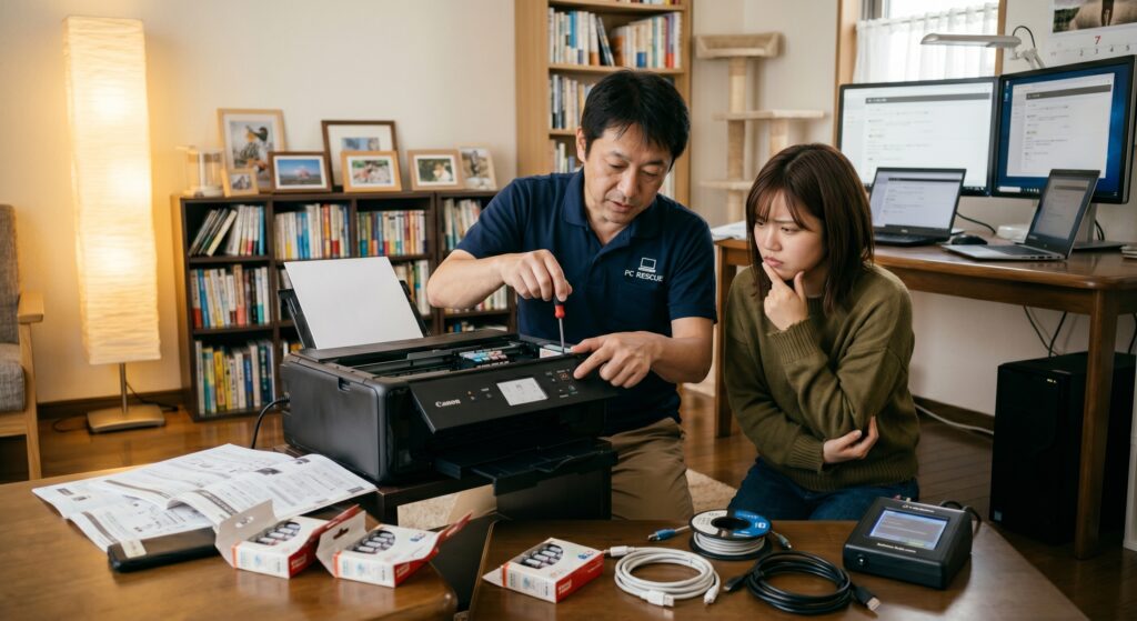 こんな症状ありませんか?
さっきまで印刷できていたのに、急に反応しなくなった
パソコンの画面にプリンターが「オフライン」と表示される
新しいプリンターを買ったが、Wi-Fiとの接続設定ができない
スキャンした書類をパソコンに取り込む方法が分からない