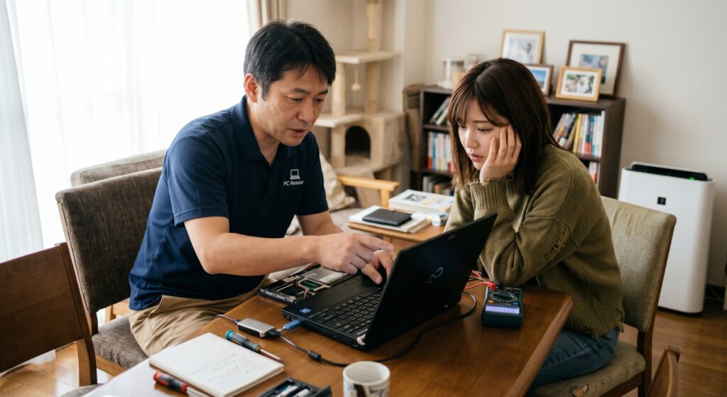 こんな症状ありませんか?
電源ボタンを押してもランプが点くだけで画面が映らない
くるくる回るマークのまま進まず、Windowsが起動しない
動作が異常に重く、マウスを動かすだけでフリ―ズする
パソコンから「カタカタ」「ブーン」と異常な音がする