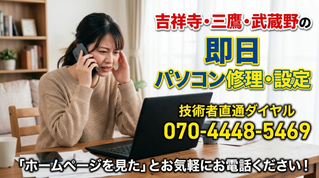 「吉祥寺・三鷹・武蔵野の即日パソコン修理・設定」 技術者直通ダイヤル:070-4448-5469 お気軽にお電話ください!